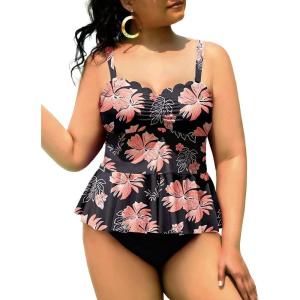 imageYonique Women Plus Size 2 Piece Tankini Swimsuits Ruched Bathing Suits Peplum Swimwear Scalloped SwimsuitsBlack Orange Pink Floral