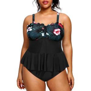 imageYonique Women Plus Size 2 Piece Tankini Swimsuits Ruched Bathing Suits Peplum Swimwear Scalloped SwimsuitsBlack and Floral