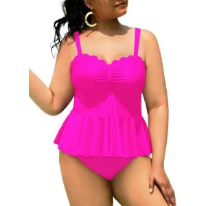 imageYonique Women Plus Size 2 Piece Tankini Swimsuits Ruched Bathing Suits Peplum Swimwear Scalloped SwimsuitsHot Pink