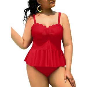 imageYonique Women Plus Size 2 Piece Tankini Swimsuits Ruched Bathing Suits Peplum Swimwear Scalloped SwimsuitsRed