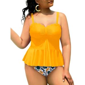 imageYonique Women Plus Size 2 Piece Tankini Swimsuits Ruched Bathing Suits Peplum Swimwear Scalloped SwimsuitsYellow Floral