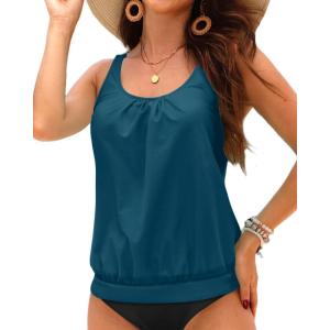 imageYonique Womens Blouson Tankini Top No Bottom Loose Fit Swim Top Modest Tank TopBlue Green