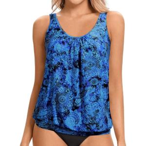 imageYonique Womens Blouson Tankini Top No Bottom Loose Fit Swim Top Modest Tank TopBlue Paisley 01