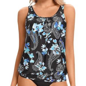 imageYonique Womens Blouson Tankini Top No Bottom Loose Fit Swim Top Modest Tank TopBlue Paisley