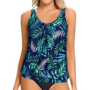 imageYonique Womens Blouson Tankini Top No Bottom Loose Fit Swim Top Modest Tank TopBlue and Leaves