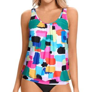 imageYonique Womens Blouson Tankini Top No Bottom Loose Fit Swim Top Modest Tank TopColor Block