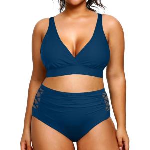 imageYonique Womens Plus Size Bikini High Waisted Swimsuits Two Piece Bathing Suits Tummy Control Swimwear02 Blue