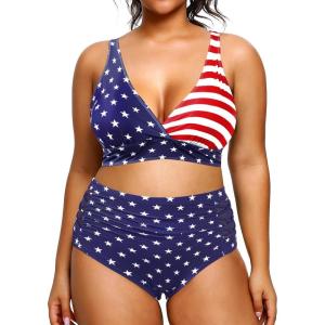 imageYonique Womens Plus Size Bikini High Waisted Swimsuits Two Piece Bathing Suits Tummy Control SwimwearAmerican Flag