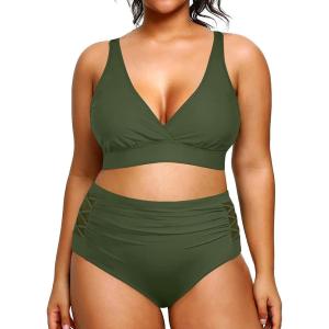 imageYonique Womens Plus Size Bikini High Waisted Swimsuits Two Piece Bathing Suits Tummy Control SwimwearArmy Green