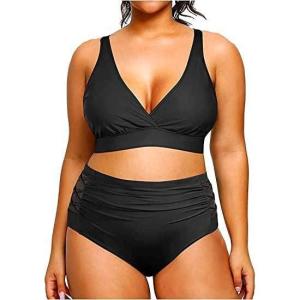 imageYonique Womens Plus Size Bikini High Waisted Swimsuits Two Piece Bathing Suits Tummy Control SwimwearBlack