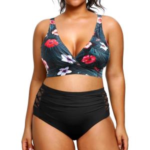imageYonique Womens Plus Size Bikini High Waisted Swimsuits Two Piece Bathing Suits Tummy Control SwimwearBlack Floral2