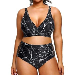 imageYonique Womens Plus Size Bikini High Waisted Swimsuits Two Piece Bathing Suits Tummy Control SwimwearBlack Marbling Print