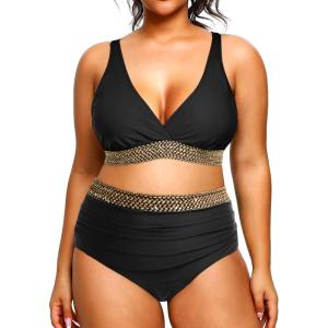 imageYonique Womens Plus Size Bikini High Waisted Swimsuits Two Piece Bathing Suits Tummy Control SwimwearBlack Weave
