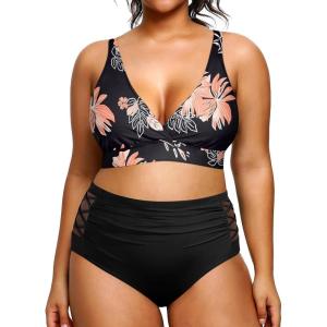 imageYonique Womens Plus Size Bikini High Waisted Swimsuits Two Piece Bathing Suits Tummy Control SwimwearBlack and Flower