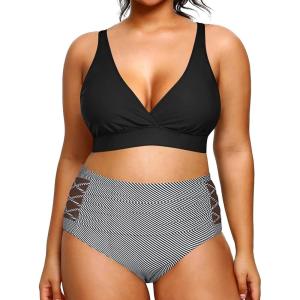 imageYonique Womens Plus Size Bikini High Waisted Swimsuits Two Piece Bathing Suits Tummy Control SwimwearBlack and Stripes