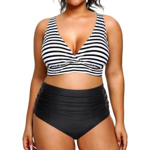 imageYonique Womens Plus Size Bikini High Waisted Swimsuits Two Piece Bathing Suits Tummy Control SwimwearBlack and White Stripe