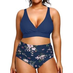 imageYonique Womens Plus Size Bikini High Waisted Swimsuits Two Piece Bathing Suits Tummy Control SwimwearBlue Flower
