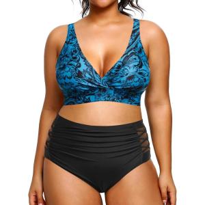 imageYonique Womens Plus Size Bikini High Waisted Swimsuits Two Piece Bathing Suits Tummy Control SwimwearBlue Paisley
