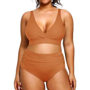 imageYonique Womens Plus Size Bikini High Waisted Swimsuits Two Piece Bathing Suits Tummy Control SwimwearBrown