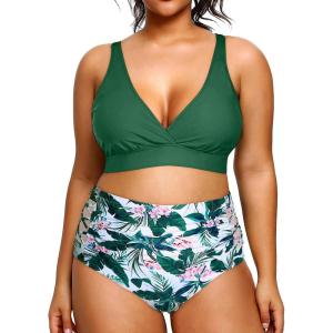 imageYonique Womens Plus Size Bikini High Waisted Swimsuits Two Piece Bathing Suits Tummy Control SwimwearGreen and Flowers