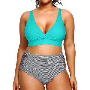 imageYonique Womens Plus Size Bikini High Waisted Swimsuits Two Piece Bathing Suits Tummy Control SwimwearGreen and Stripes