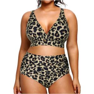 imageYonique Womens Plus Size Bikini High Waisted Swimsuits Two Piece Bathing Suits Tummy Control SwimwearLeopard 01