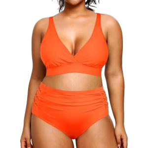 imageYonique Womens Plus Size Bikini High Waisted Swimsuits Two Piece Bathing Suits Tummy Control SwimwearNeon Orange