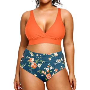 imageYonique Womens Plus Size Bikini High Waisted Swimsuits Two Piece Bathing Suits Tummy Control SwimwearOrange and Blue Print