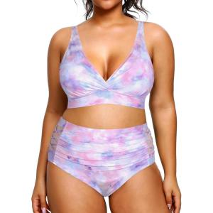 imageYonique Womens Plus Size Bikini High Waisted Swimsuits Two Piece Bathing Suits Tummy Control SwimwearPink Purple Tie Dye
