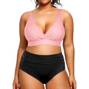 imageYonique Womens Plus Size Bikini High Waisted Swimsuits Two Piece Bathing Suits Tummy Control SwimwearPink and Black