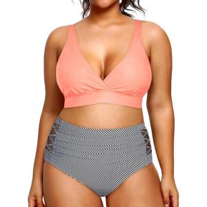 imageYonique Womens Plus Size Bikini High Waisted Swimsuits Two Piece Bathing Suits Tummy Control SwimwearPink and Stripes