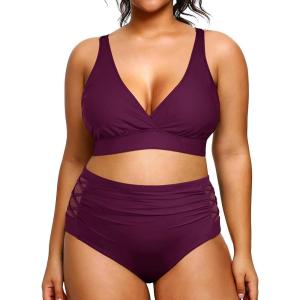 imageYonique Womens Plus Size Bikini High Waisted Swimsuits Two Piece Bathing Suits Tummy Control SwimwearPurple