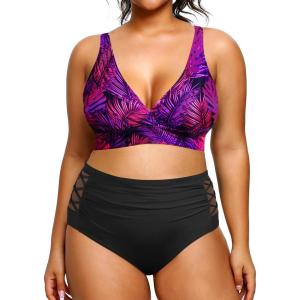 imageYonique Womens Plus Size Bikini High Waisted Swimsuits Two Piece Bathing Suits Tummy Control SwimwearPurple Leaf