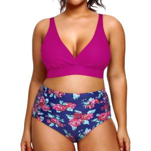 imageYonique Womens Plus Size Bikini High Waisted Swimsuits Two Piece Bathing Suits Tummy Control SwimwearPurple and Flowers