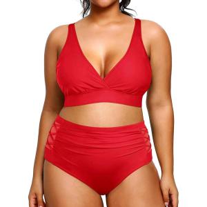 imageYonique Womens Plus Size Bikini High Waisted Swimsuits Two Piece Bathing Suits Tummy Control SwimwearRed