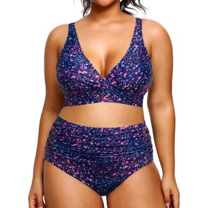 imageYonique Womens Plus Size Bikini High Waisted Swimsuits Two Piece Bathing Suits Tummy Control SwimwearStar Whole Sky