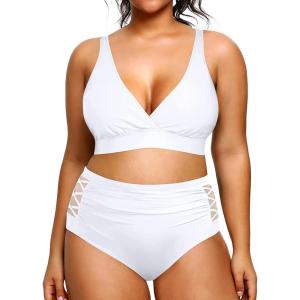 imageYonique Womens Plus Size Bikini High Waisted Swimsuits Two Piece Bathing Suits Tummy Control SwimwearWhite