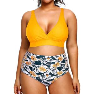 imageYonique Womens Plus Size Bikini High Waisted Swimsuits Two Piece Bathing Suits Tummy Control SwimwearYellow