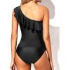 imageYonique Womens Two Piece Swimsuits One Shoulder Tankini Tummy Control Bathing Suits Ruffle SwimwearBlack