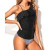 imageYonique Womens Two Piece Swimsuits One Shoulder Tankini Tummy Control Bathing Suits Ruffle SwimwearBlack and Striped