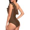imageYonique Womens Two Piece Swimsuits One Shoulder Tankini Tummy Control Bathing Suits Ruffle SwimwearBrown