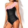 imageYonique Womens Two Piece Swimsuits One Shoulder Tankini Tummy Control Bathing Suits Ruffle SwimwearPeach and Black