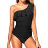 imageYonique Womens Two Piece Swimsuits One Shoulder Tankini Tummy Control Bathing Suits Ruffle SwimwearBlack