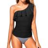 imageYonique Womens Two Piece Swimsuits One Shoulder Tankini Tummy Control Bathing Suits Ruffle SwimwearBlack and Striped