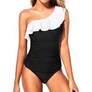 imageYonique Womens Two Piece Swimsuits One Shoulder Tankini Tummy Control Bathing Suits Ruffle SwimwearBlack and White