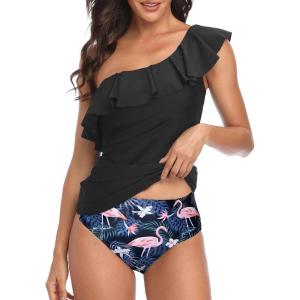 imageYonique Womens Two Piece Swimsuits One Shoulder Tankini Tummy Control Bathing Suits Ruffle SwimwearFlamingo