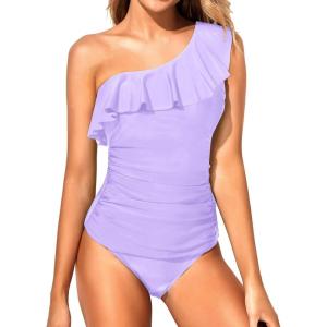 imageYonique Womens Two Piece Swimsuits One Shoulder Tankini Tummy Control Bathing Suits Ruffle SwimwearLavender