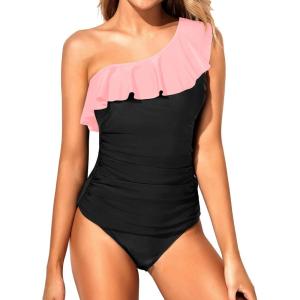 imageYonique Womens Two Piece Swimsuits One Shoulder Tankini Tummy Control Bathing Suits Ruffle SwimwearPeach and Black