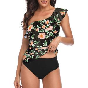 imageYonique Womens Two Piece Swimsuits One Shoulder Tankini Tummy Control Bathing Suits Ruffle SwimwearPink Yellow Rose