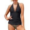 imageYonique Womens Two Piece Swimsuits Tummy Control Tankini Plus Size Bathing Suit Halter V Neck SwimwearBlack and Brown Leopard